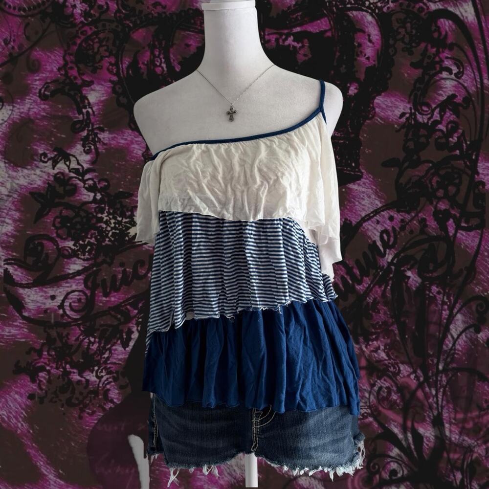 blue and white striped tiered ruffle sleeveless cami top
